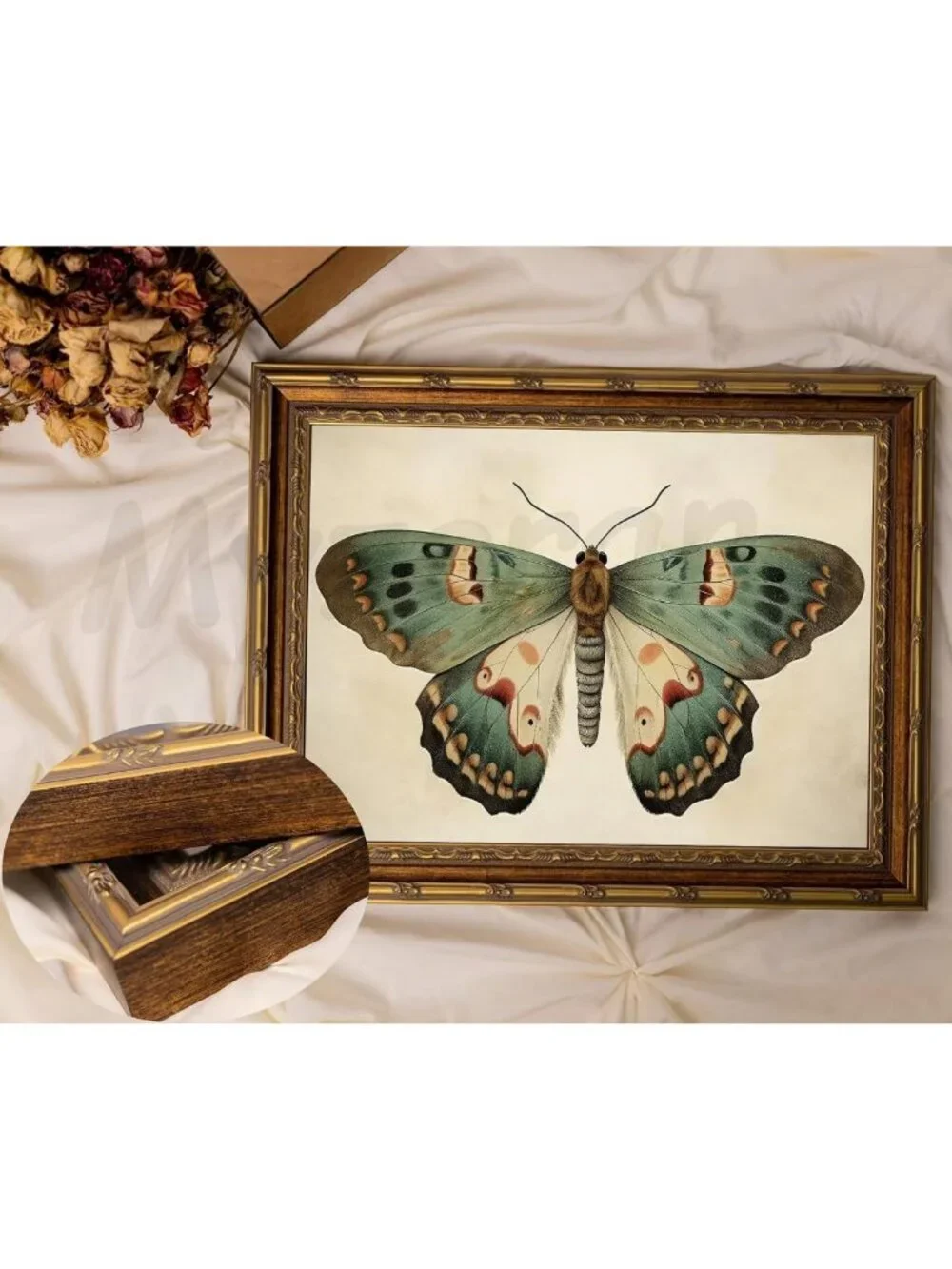 Vintage Gold Framed Butterfly Canvas Art | Retro Insect Wall Decor 9x11